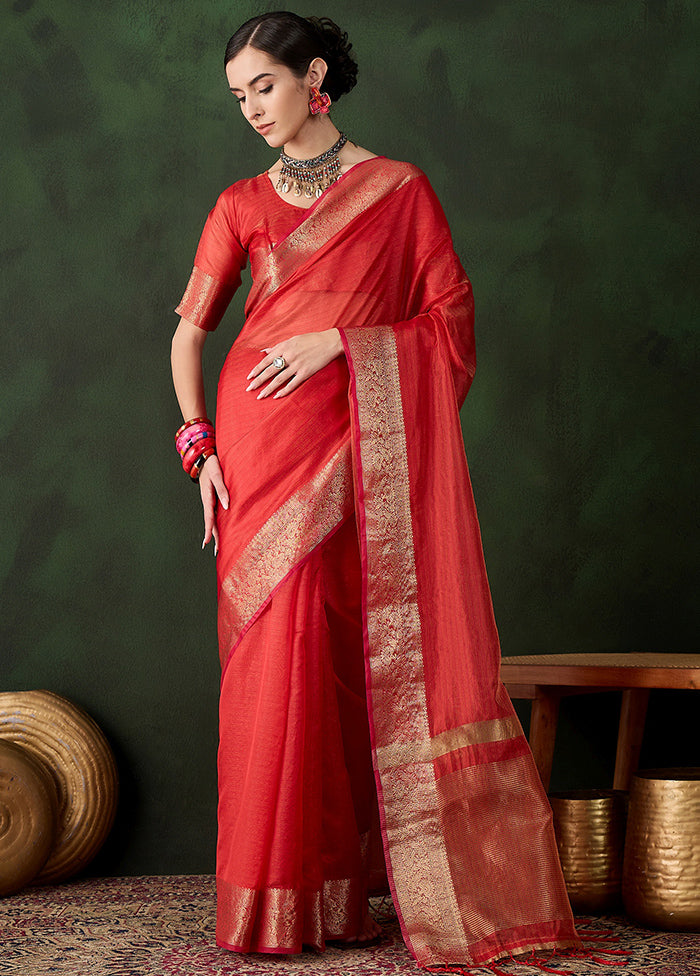 Red Organza Saree With Blouse Piece