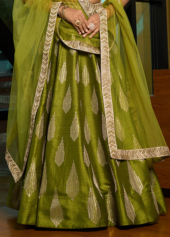 3 Pc Green Silk Semi Stitched Lehenga Set