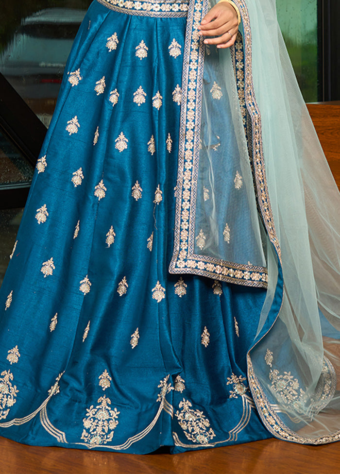 3 Pc Blue Silk Semi Stitched Lehenga Set