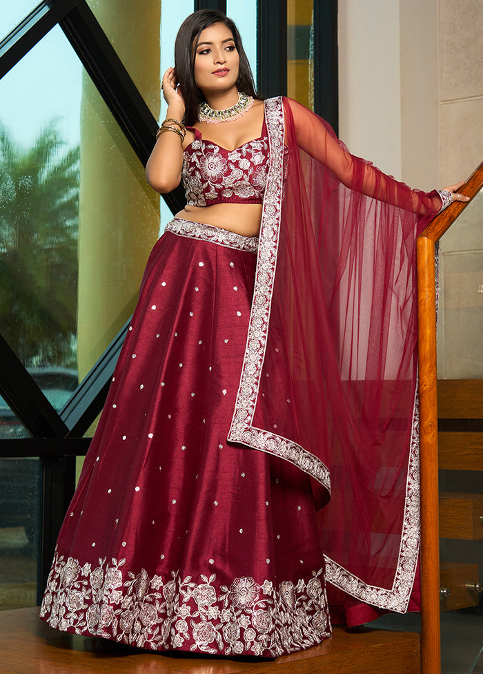 3 Pc Maroon Silk Semi Stitched Lehenga Set