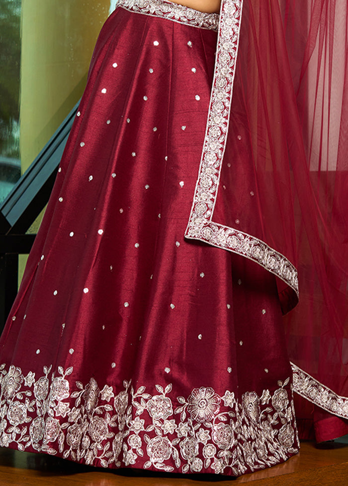 3 Pc Maroon Silk Semi Stitched Lehenga Set