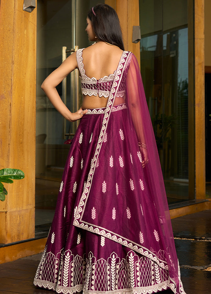 3 Pc Purple Silk Semi Stitched Lehenga Set