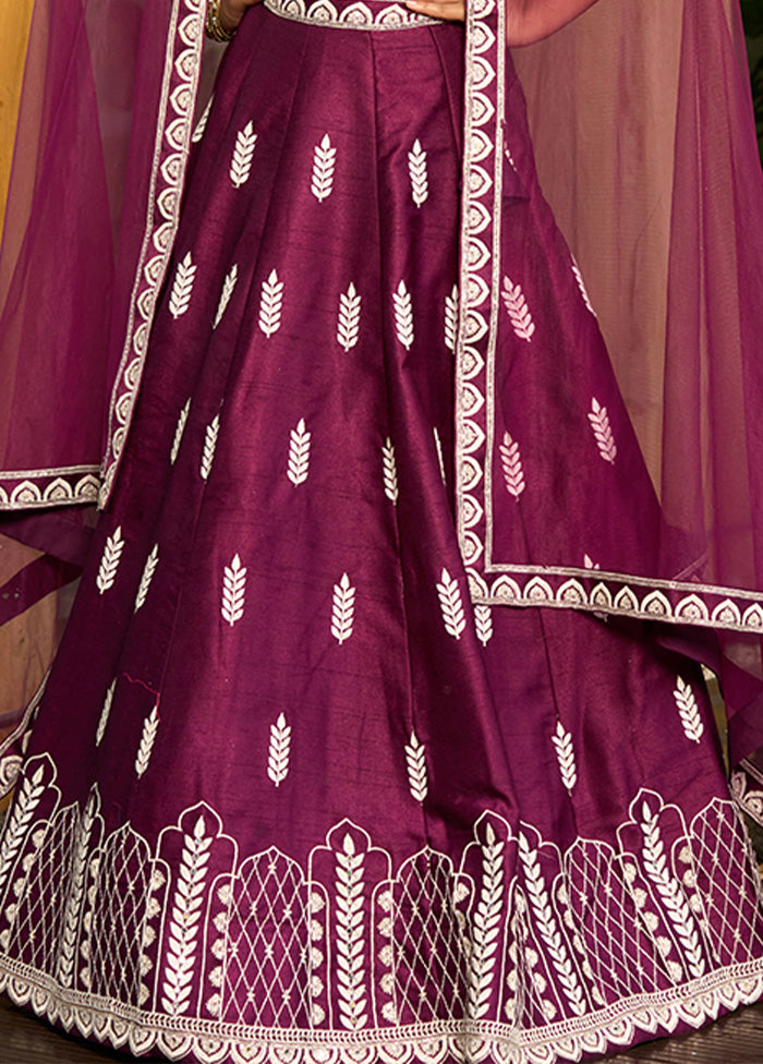 3 Pc Purple Silk Semi Stitched Lehenga Set