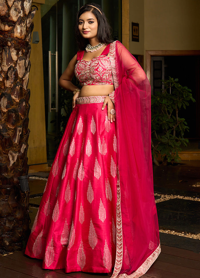 3 Pc Pink Silk Semi Stitched Lehenga Set