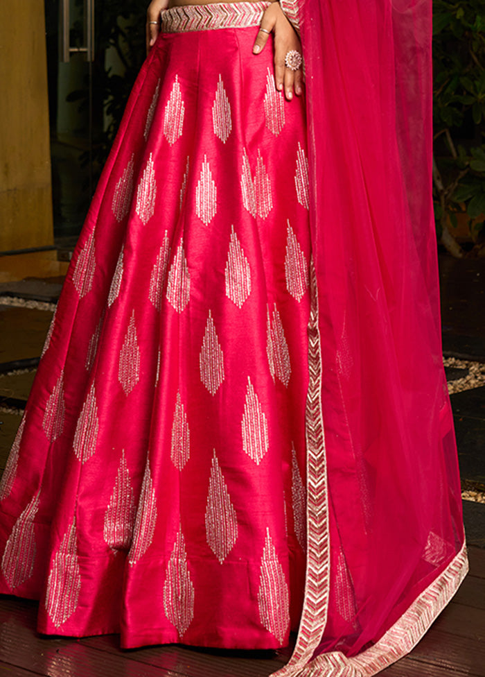 3 Pc Pink Silk Semi Stitched Lehenga Set