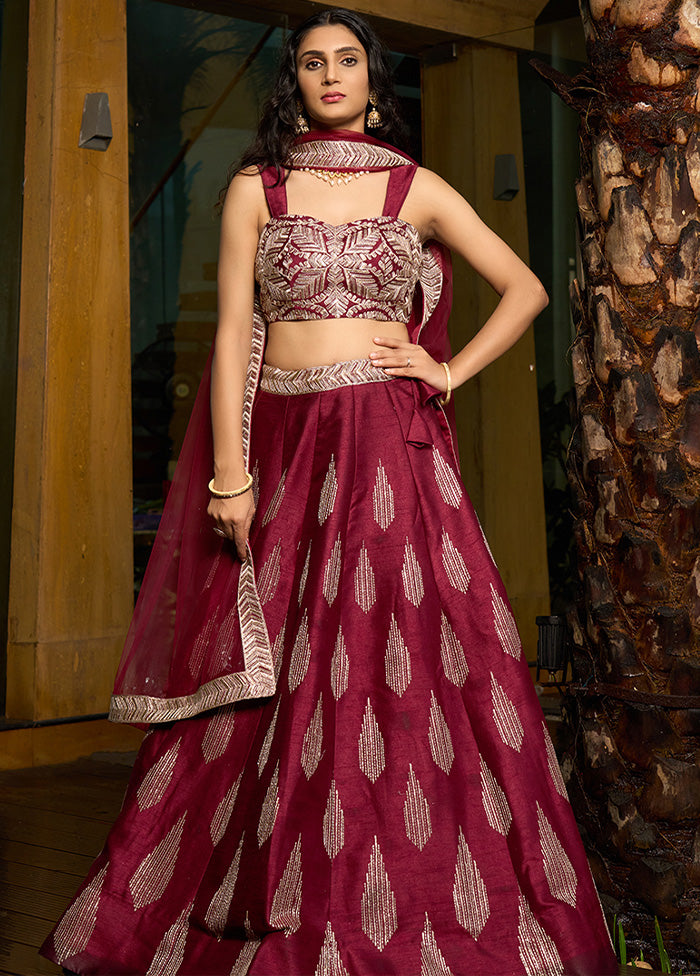 3 Pc Maroon Silk Semi Stitched Lehenga Set