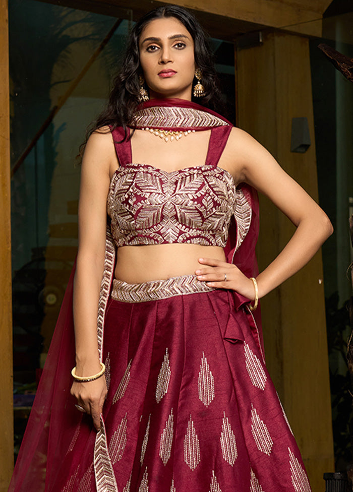 3 Pc Maroon Silk Semi Stitched Lehenga Set