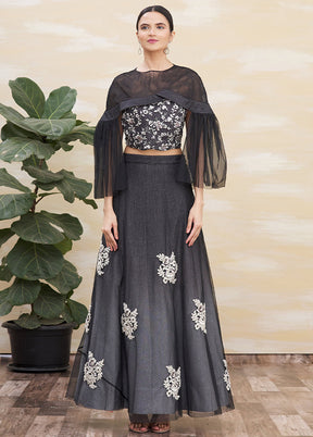 3 Pc Black Silk Semi Stitched Lehenga Set