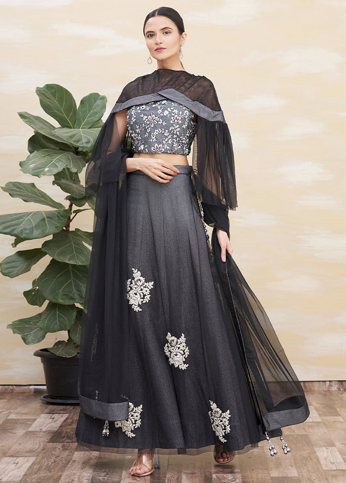 3 Pc Grey Silk Semi Stitched Lehenga Set