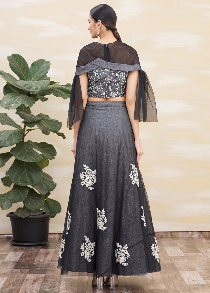 3 Pc Grey Silk Semi Stitched Lehenga Set