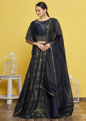 3 Pc Navy Blue Silk Semi Stitched Lehenga Set