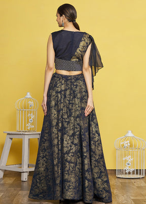 3 Pc Navy Blue Silk Semi Stitched Lehenga Set