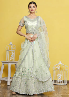 3 Pc Sea Green Silk Semi Stitched Lehenga Set