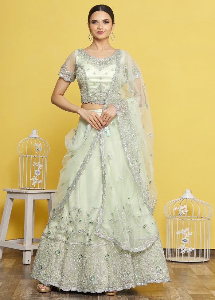 3 Pc Sea Green Silk Semi Stitched Lehenga Set