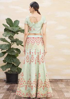 3 Pc Pista Green Silk Semi Stitched Lehenga Set