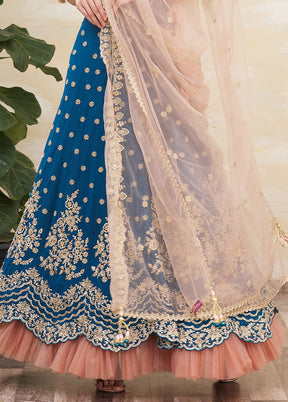 3 Pc Teal Blue Silk Semi Stitched Lehenga Set