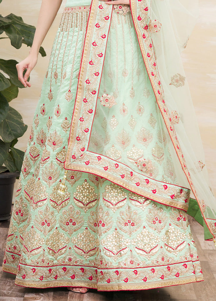 3 Pc Green Silk Semi Stitched Lehenga Set