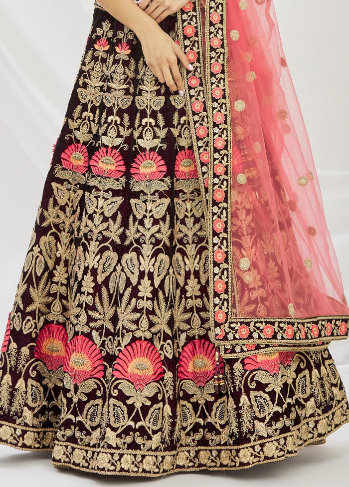 3 Pc Purple Velvet Semi Stitched Lehenga Set