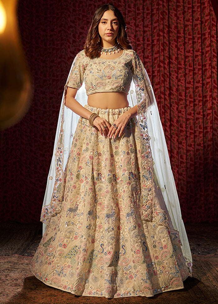 3 Pc Beige Georgette Semi Stitched Lehenga Set