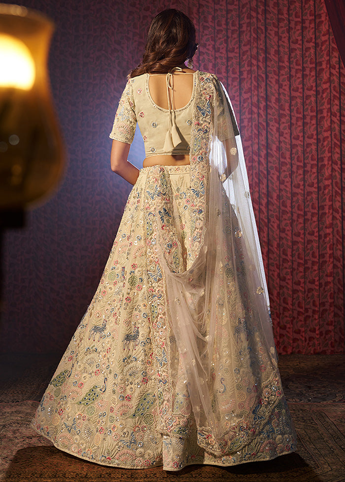 3 Pc Beige Georgette Semi Stitched Lehenga Set