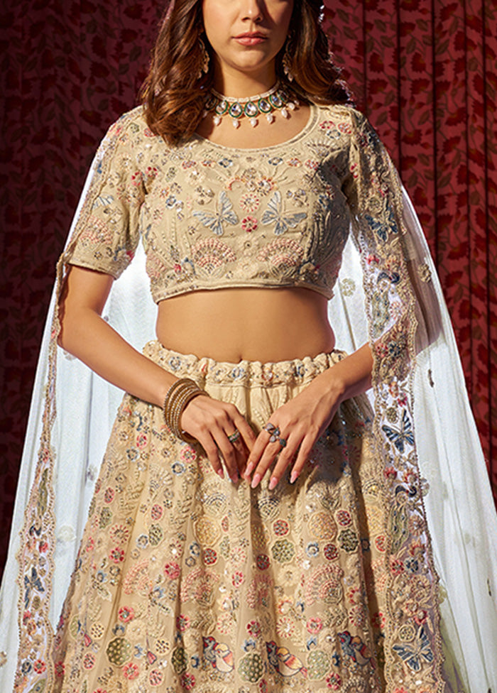 3 Pc Beige Georgette Semi Stitched Lehenga Set