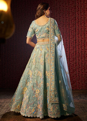 3 Pc Turquoise Silk Semi Stitched Lehenga Set