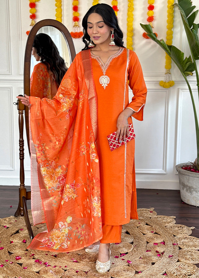 3 Pc Orange Readymade Viscose Dupatta Suit Set