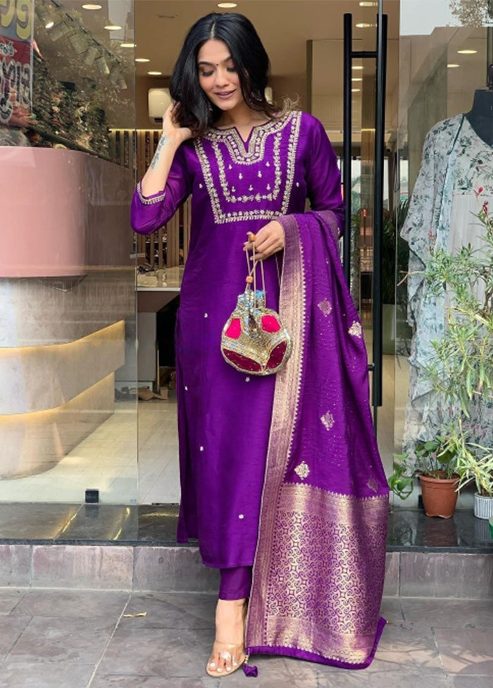 3 Pc Purple Readymade Viscose Dupatta Suit Set