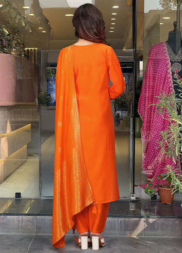 3 Pc Orange Readymade Viscose Dupatta Suit Set