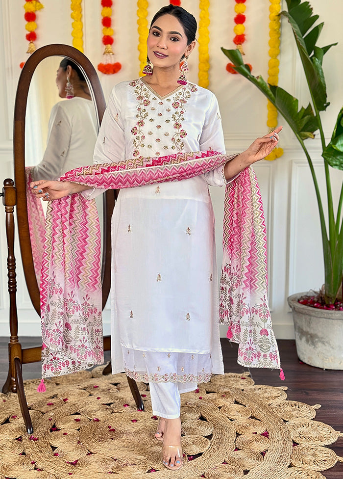 3 Pc White Readymade Viscose Dupatta Suit Set