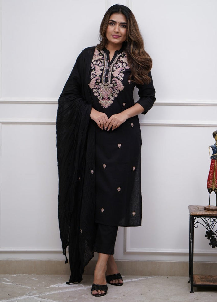 3 Pc Black Readymade Viscose Dupatta Suit Set