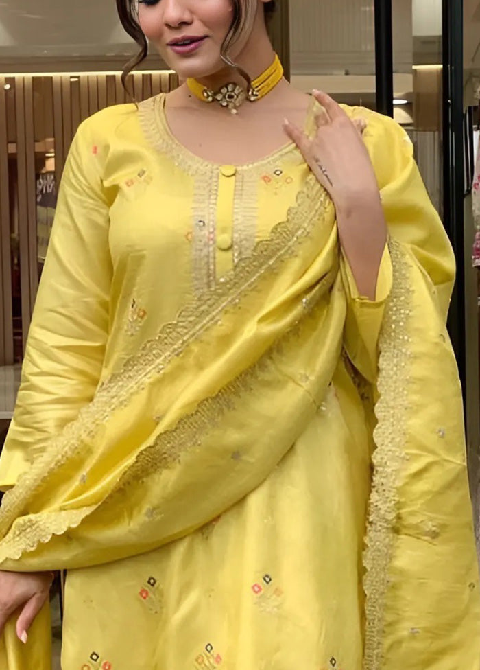 3 Pc Yellow Readymade Viscose Dupatta Suit Set