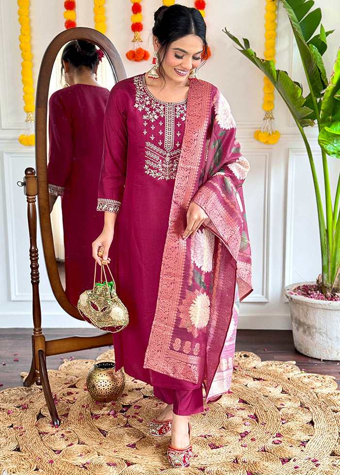 3 Pc Burgundy Readymade Viscose Dupatta Suit Set