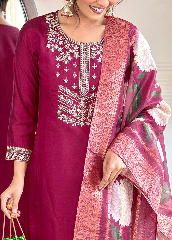 3 Pc Burgundy Readymade Viscose Dupatta Suit Set