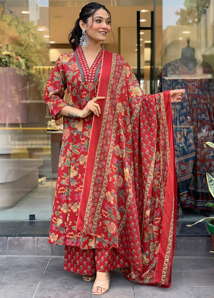 3 Pc Red Readymade Cotton Dupatta Suit Set