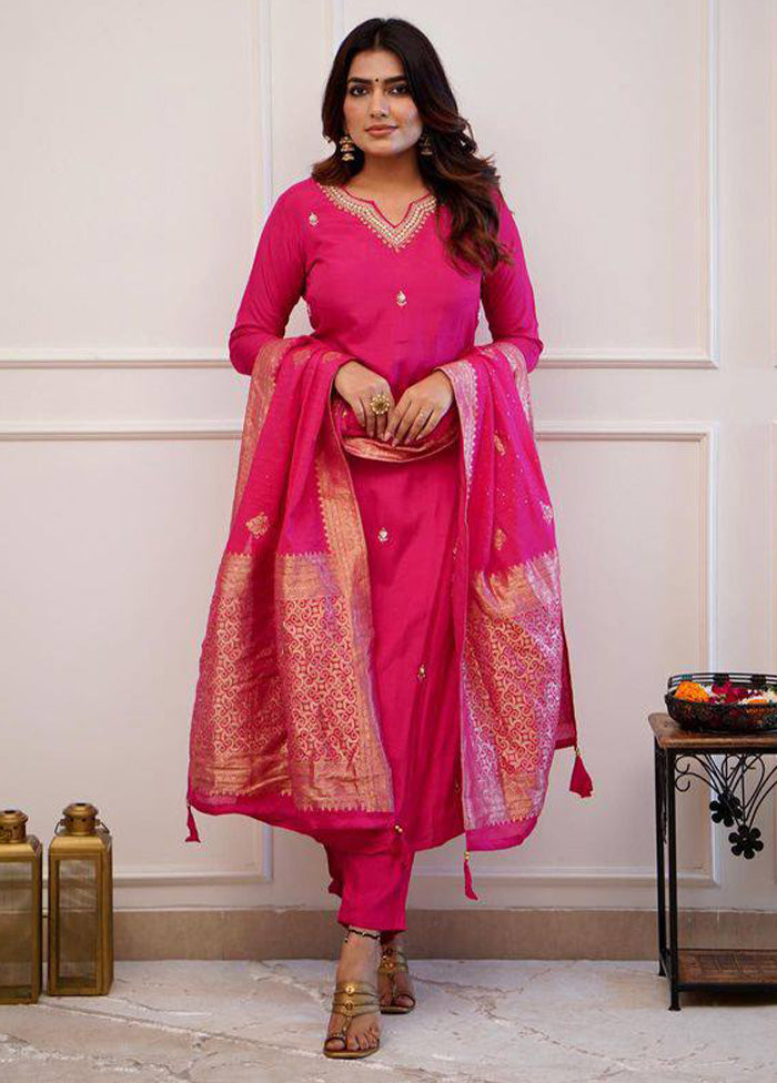 3 Pc Pink Readymade Viscose Dupatta Suit Set