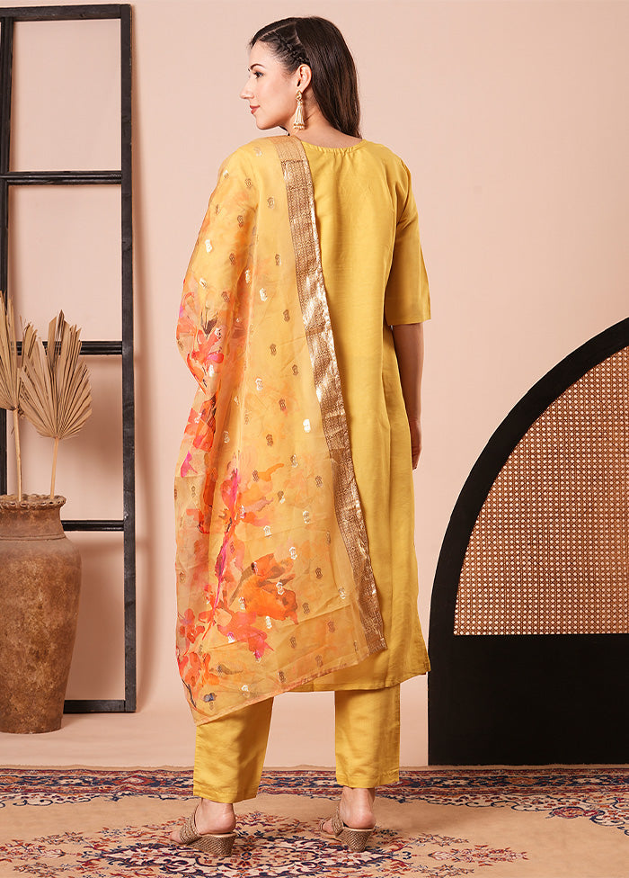 3 Pc Yellow Readymade Chanderi Dupatta Suit Set