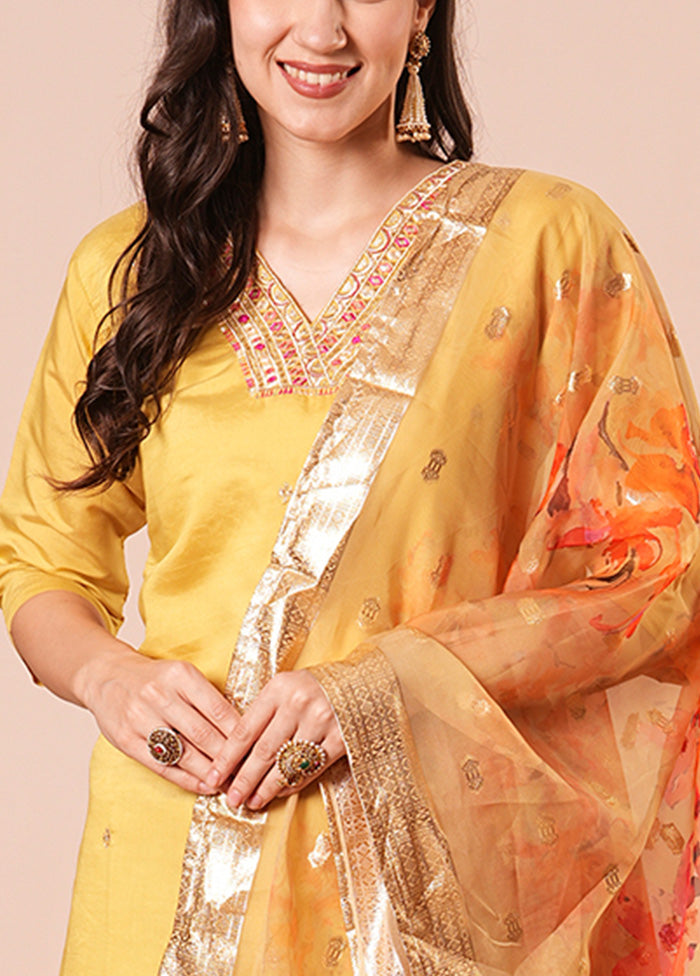 3 Pc Yellow Readymade Chanderi Dupatta Suit Set