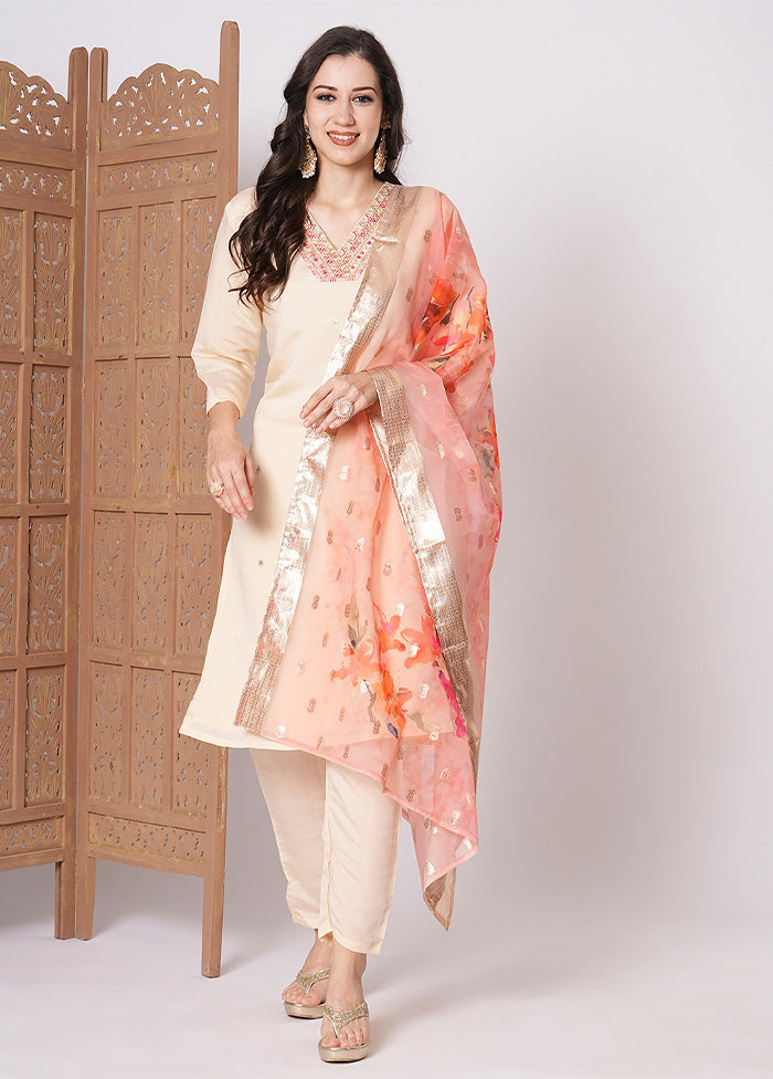 3 Pc Peach Readymade Chanderi Dupatta Suit Set