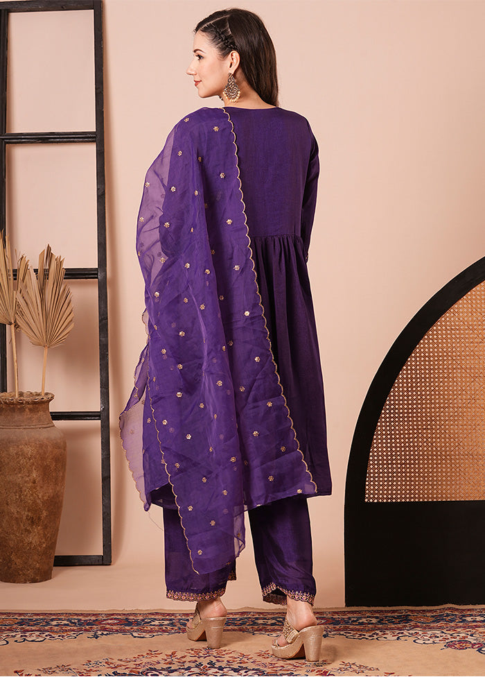 3 Pc Purple Readymade Silk Dupatta Suit Set