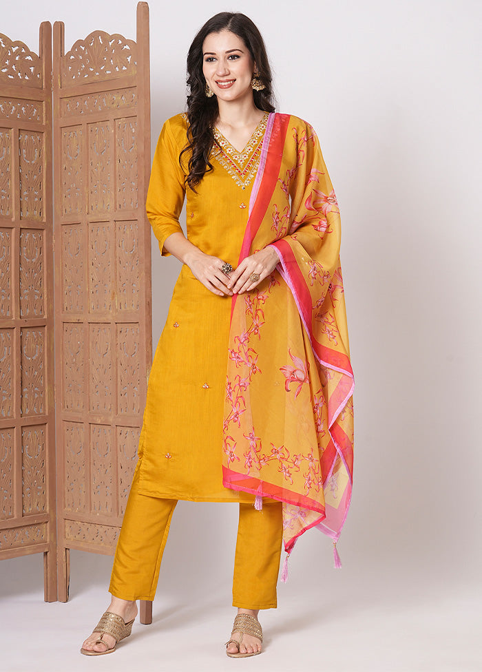 3 Pc Mustard Readymade Viscose Dupatta Suit Set