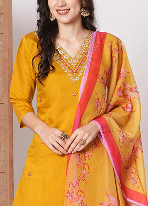 3 Pc Mustard Readymade Viscose Dupatta Suit Set