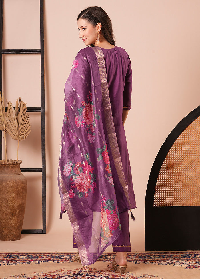 3 Pc Purple Readymade Viscose Dupatta Suit Set