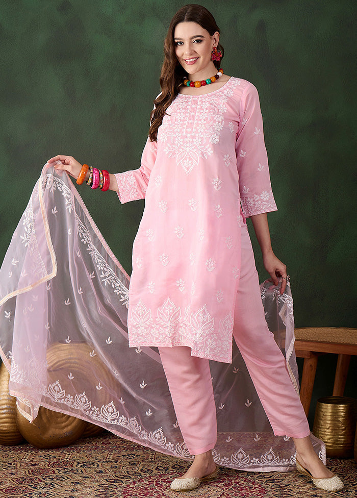 3 Pc Baby Pink Readymade Silk Dupatta Suit Set