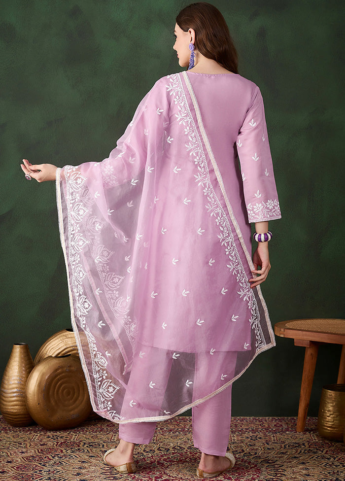 3 Pc Lavender Readymade Silk Dupatta Suit Set