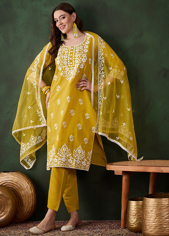 3 Pc Mustard Readymade Silk Dupatta Suit Set