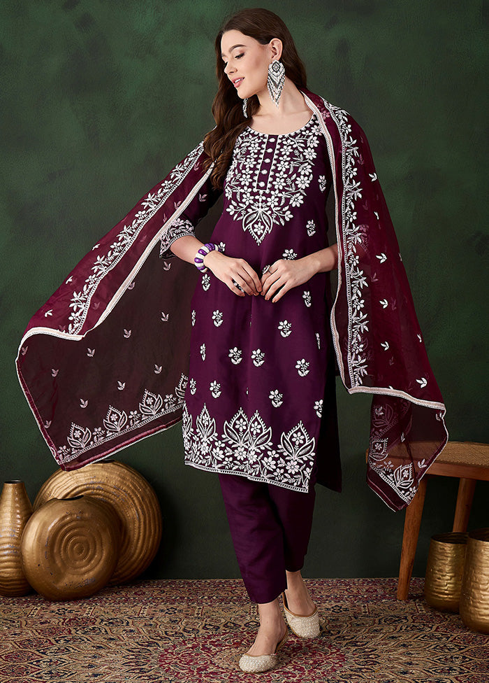 3 Pc Purple Readymade Silk Dupatta Suit Set