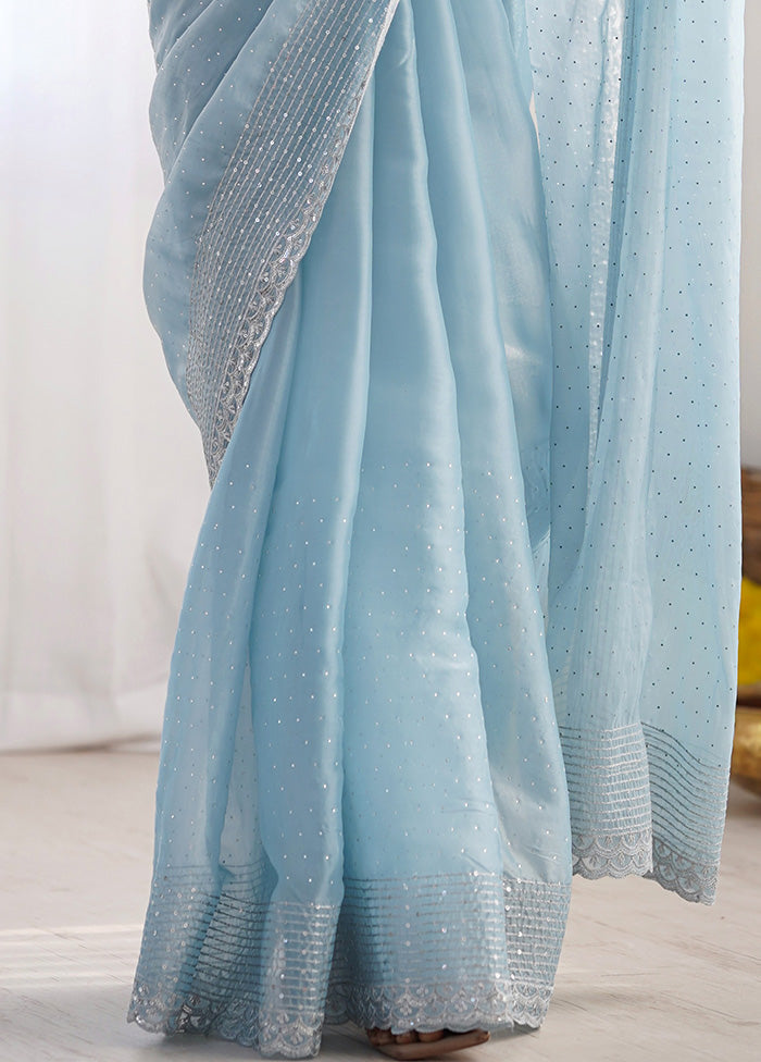 Sky Blue Spun Silk Saree With Blouse Piece