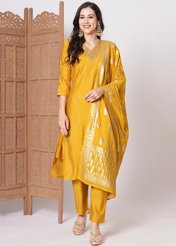 3 Pc Yellow Readymade Chanderi Dupatta Suit Set