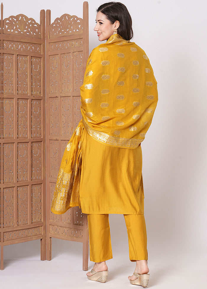 3 Pc Yellow Readymade Chanderi Dupatta Suit Set